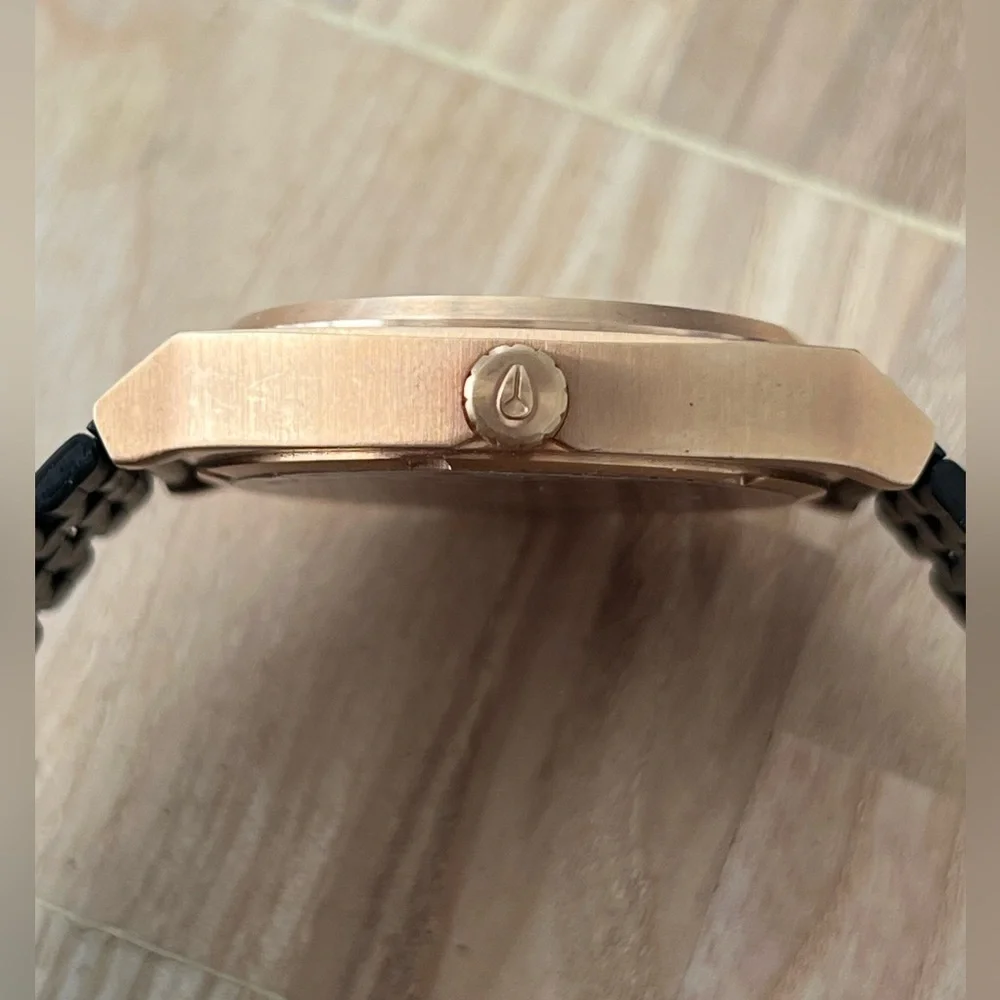 Nixon Minimal Time Traveler Black and Rose Gold Watch Adjustable Black Bracelet